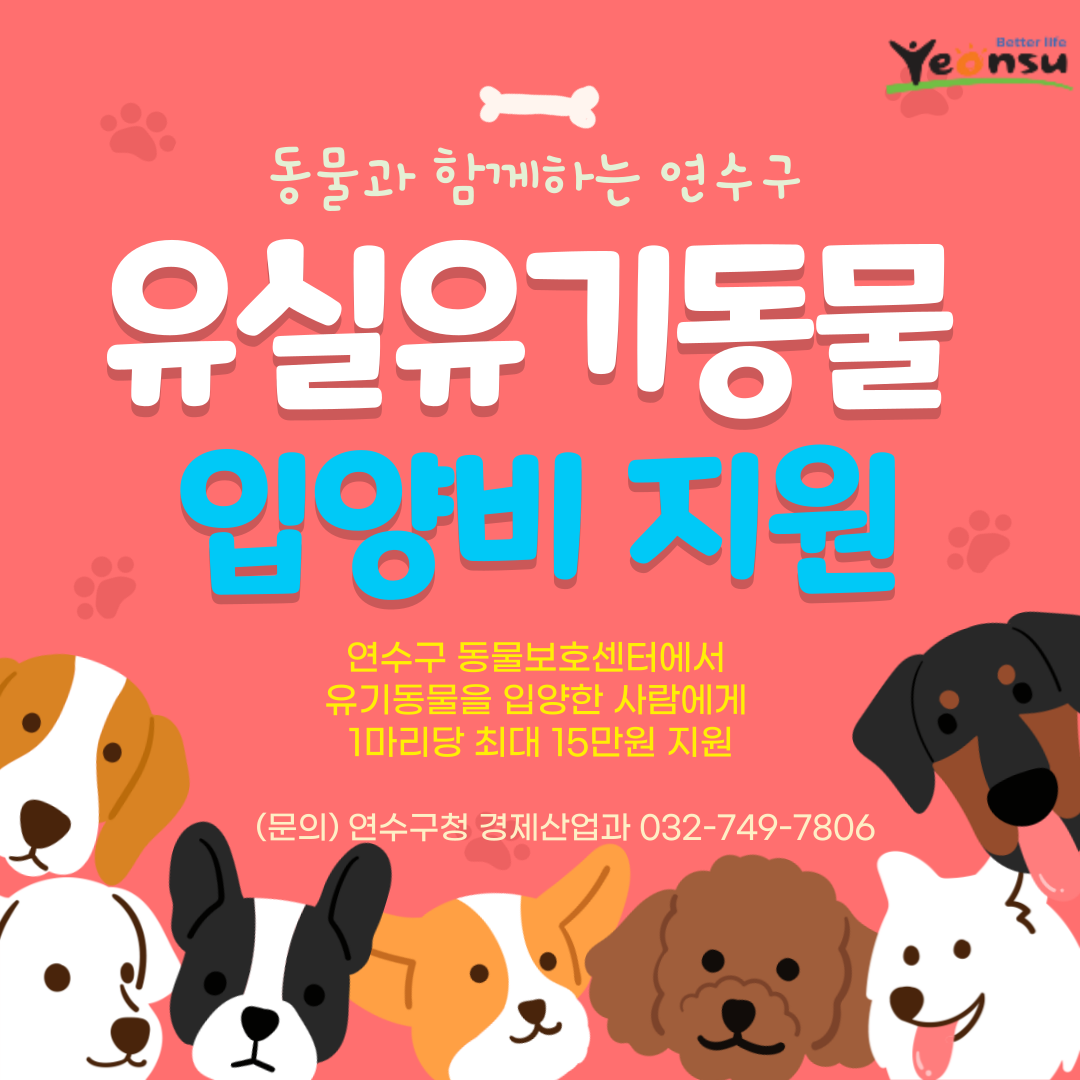 연수구가 유기동물 입양 문화를 활성화하기 위해 유기동물 한 마리당 최대 15만 원의 입양비를 지원한다